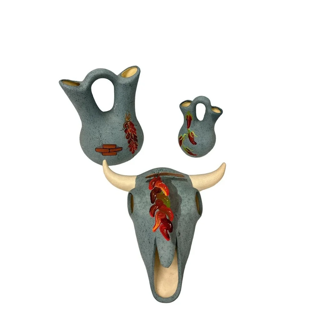 Lot 3 Hozoni Pottery Hand Painted Bull Skull Aqua Native American Indian + Vases